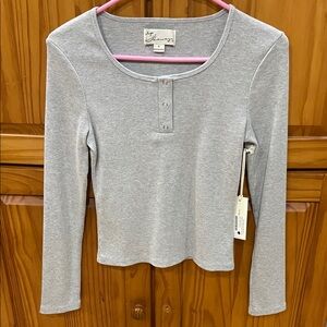 Madisons Niche Boutique Light Gray Ribbed Henley Long Sleeve Top